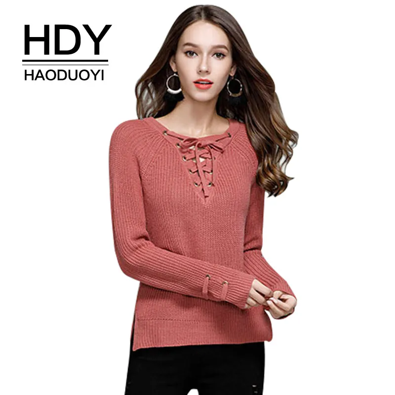 

HDY Haoduoyi 2017 Autumn Winter V-Neck Lace-Up Knitted Women Sweaters and Pullover Loose Casual Knitwear Jumper Top Sweter Mujer