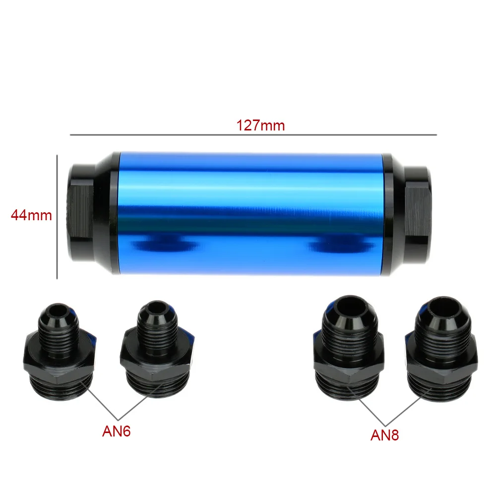Голубой Цвет Универсальный 44 мм автомобиля Топливные фильтры для мотоциклов анодированного Алюминий входе и выходе потока фильтр с AN6 AN8 адаптерами для автомобилей
