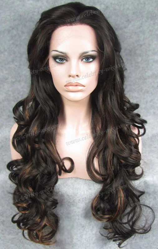

Extra Long Wavy Natural Brown Synthetic Lace Front Wig Highlighted Wigs Woman Wigs