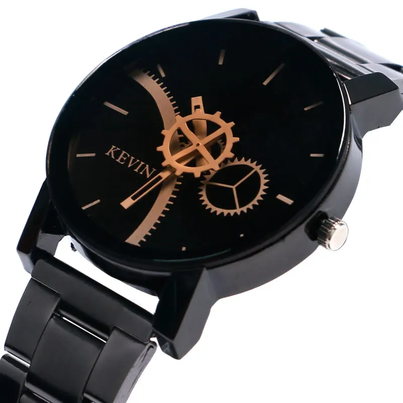 Fashion Full Black Gear Wheel Dial Quartz Watch Men Stainless Steel Band Wrist Watch Male Unique Creative Elegant Dress Watch