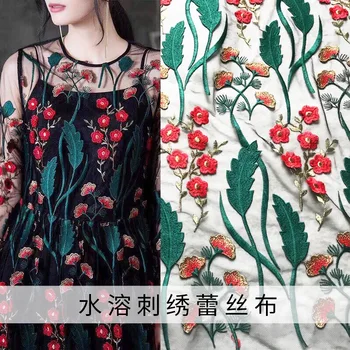 

black heavy embroidered lace fabric ,green Plant flowers embroidered tulle lace fabric