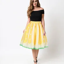 Новые сексуальные миди юбки женские лимонный принт с высокой талией а линия улица плиссированная для катания на коньках юбки эластичная талия труба миди юбка