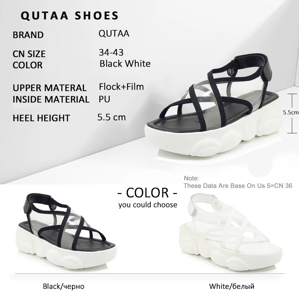 QUTAA/ г. Женские босоножки модная спортивная женская обувь из флока на прозрачной танкетке с открытым носком на застежке-липучке Размеры 34-43