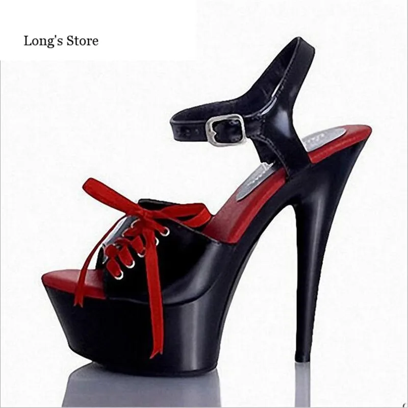 

CDTS:Plus 35-45 46 Crossdresser zapatos Peep Toe ribbons sandals 15cm thin high heels platform sexy woman shoes wedding pumps
