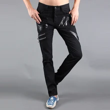 27-33 Мужская одежда тонкий мотоцикл молния персонализированные Лоскутные кожаные брюки облегающие брюки DS, для костюма певца