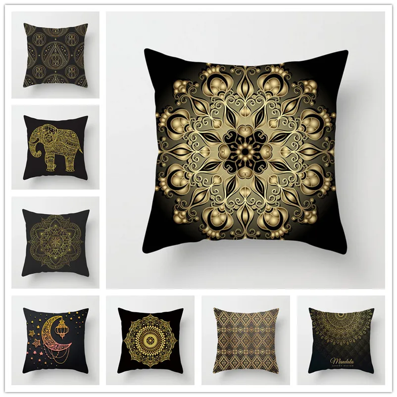 

Gold Mandala Style Pillow Case Square 45cm*45cm Polyester Throw Black Pillowcase Home Office Decorative