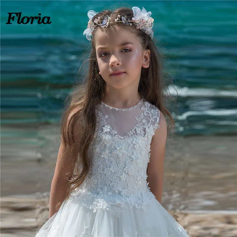 Белые кружевные платья с цветочным узором для девочек на свадьбу; Vestidos daminha; Детские вечерние платья для торжеств; платья для первого причастия для девочек