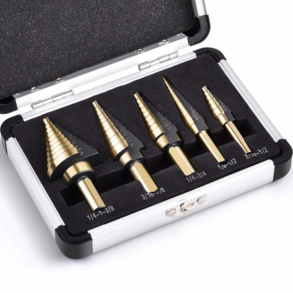 

5pcs HSS Cobalt Titanium Step Drill Bit Multiple Hole 50 Sizes Stepped Drill Bits 1/4-1-3/8 3/16-7/8 1/4-3/4 1/8-1/2 3/16-1/2