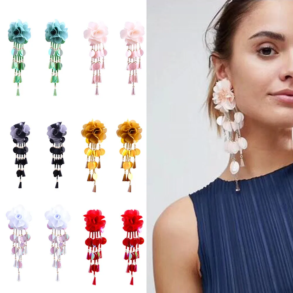 

SexeMara Elegant 6 Colors New Fashion Trendy Drop Earrings Fabric Lace Flower Charms Fringed Glass Sequins Long Tassel Earrings