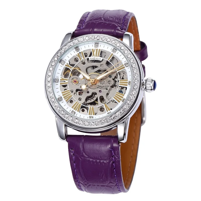 SHENHUA женские часы с бриллиантами, брендовые роскошные белые фиолетовые прозрачные автоматические механические часы со скелетом - Цвет: purple band