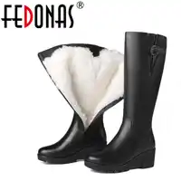 FEDONAS Top Quality Women High-Heeled Genuine Leather Boots Thick Wool Winter Warm Ladies Snow Boots Wedges Heels Shoes Woman