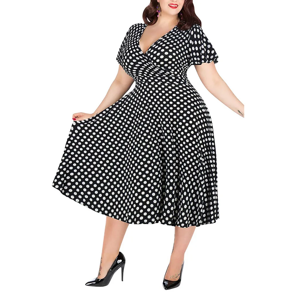 

Women's Casual Plus Size V-neck Short-Sleeved Polka Dot Printed Belt Dress