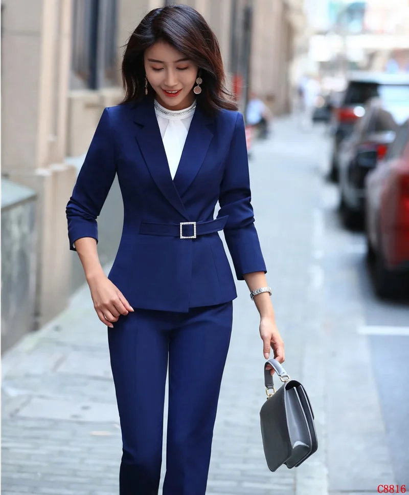 Темно-синие блейзеры, женские деловые костюмы с пиджаками и штанами, формальная форма, дизайнерские брючные костюмы, женские офисные брючные костюмы