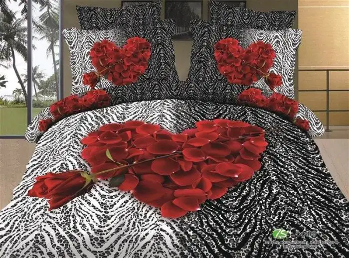 

3D Red rose love queen size bedding set zebra duvet cover quilt bed in a bag sheets bedspread bedclothes bedsheet linen romantic
