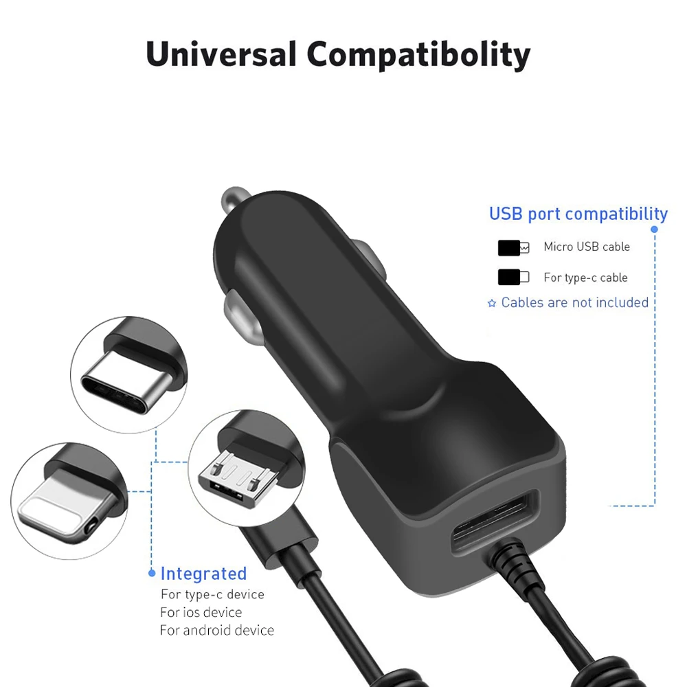 For Type-c charger car for android fast quick charge with cable for iphone USB Car Phone Charger For Samsung Xiaomi Redmi Note 7 quick charge 2.0