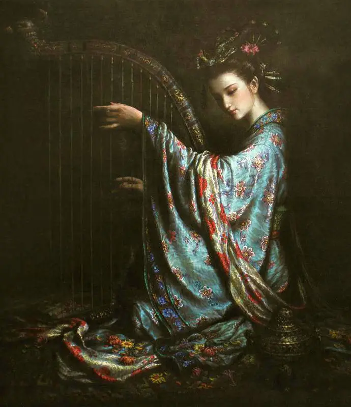 Art large Oil painting Chinese Dunhuang flying young girl play Crested piano 