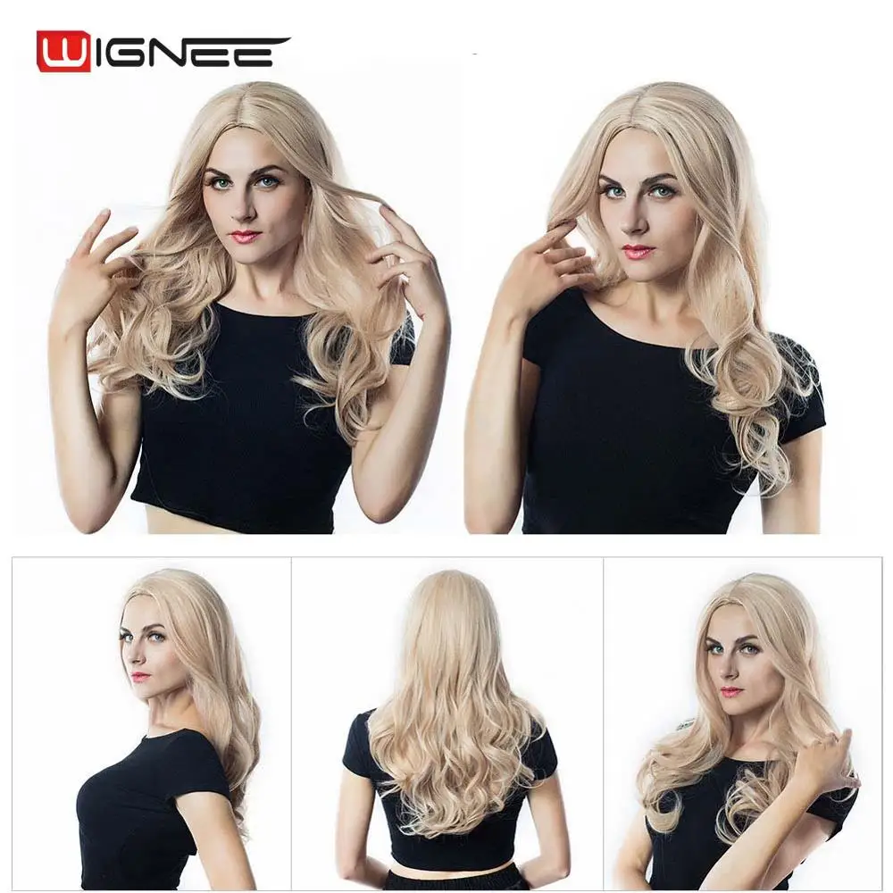 Wignee средняя часть синтетические парики для женщин термостойкие длинные волнистые парик натуральный черный/фиолетовый/розовый/Пепельный блонд/коричневый косплей парик - Цвет: Mixed Blonde