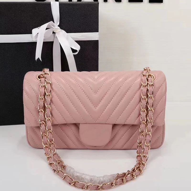 

Luxury Brand Designer Lambskin Leather Chevron Bag Women Top Quality Real Leather Handbags Black Double Flap Shoulder Chain Bags