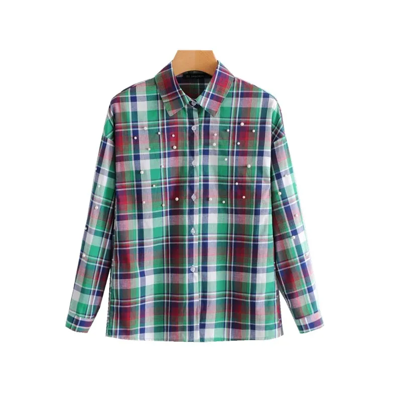 Women Pearl Blouse Beading Green Plaid Check Shirt Long Sleeve Turn down Collar Cotton Ladies Office Top Bluas Camisas mujer |