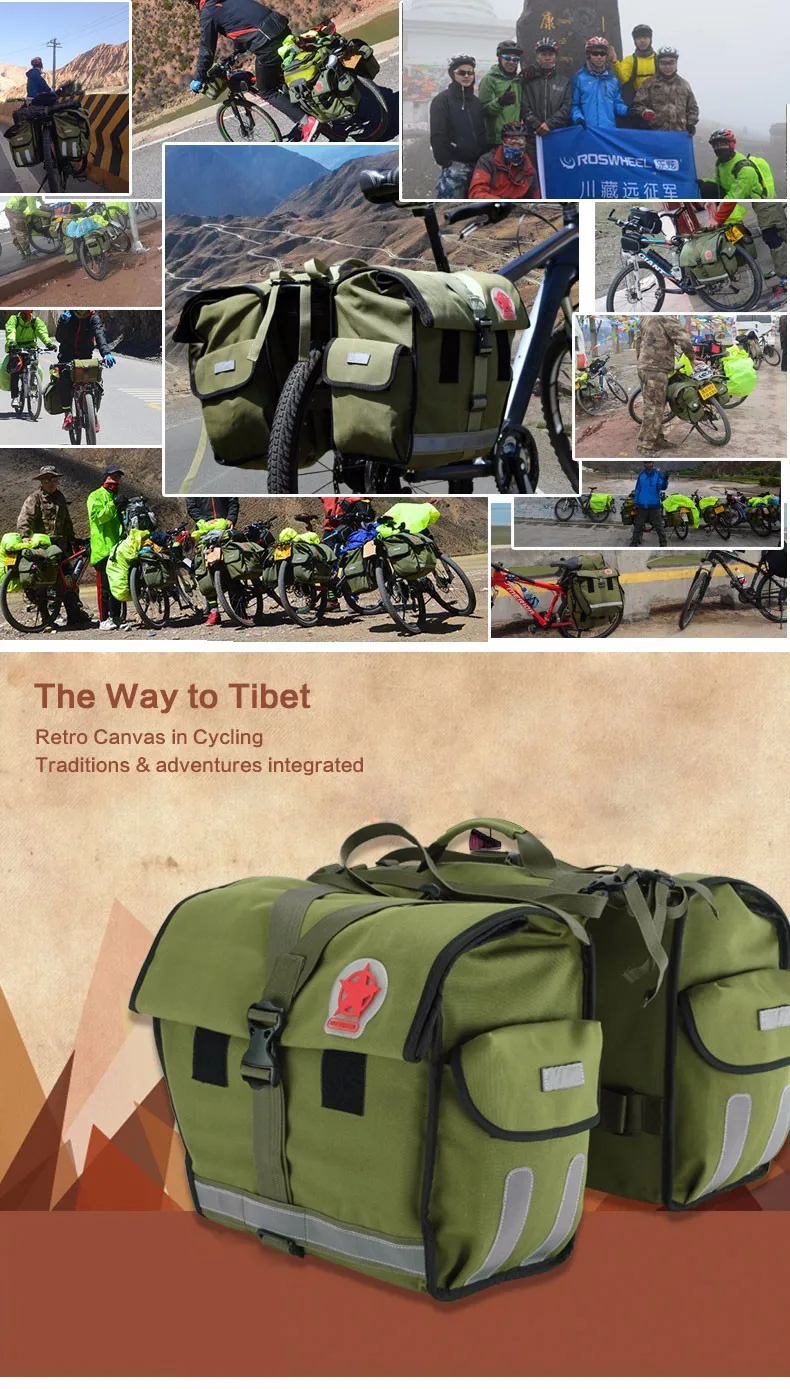 Sale Roswheel Green Canvas Waterproof Double Bicycle Pannier Rear Seat Bag Bike Pouch 40-50L Bike Trunk Rack Bag Bycicle Carrier Bag 0