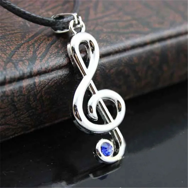 

2015 Hot Sale! Treble Clef Blue Crystal Stainless Steel pendant necklace Piano Music Note Gifts Silver