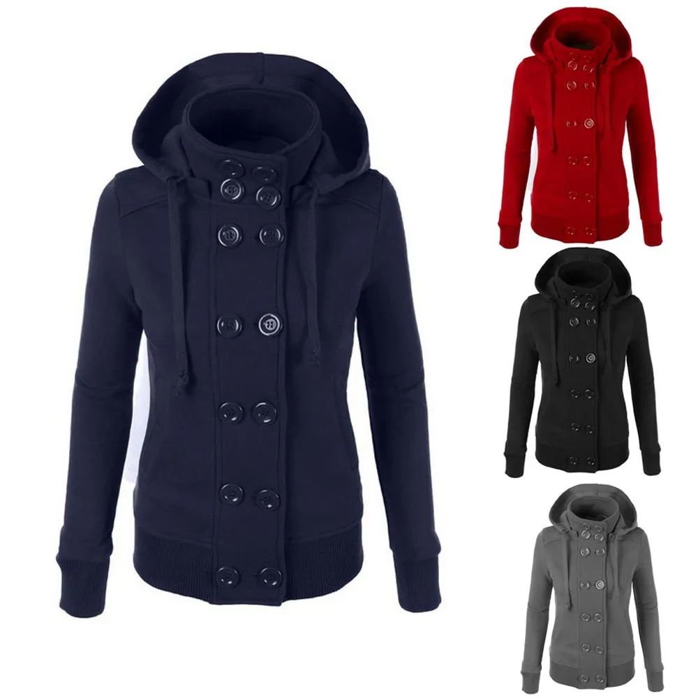 

Women's Autumn Winter Plus Velvet Warm Hooded Sweatshirt Fashion Solid Double-breasted Long Slim Jacket Outwear Coat Plus Size