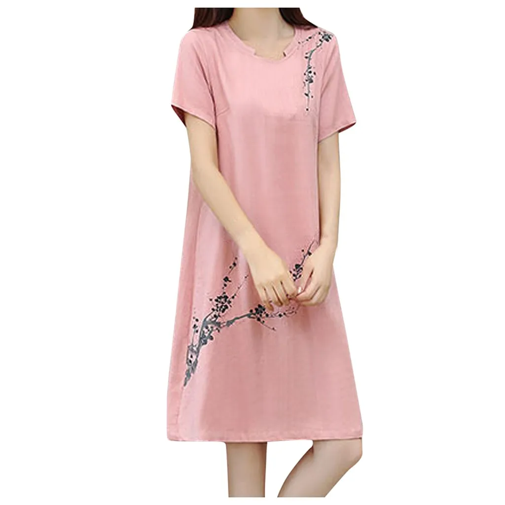 

Summer Sundress Women Beach Dress Polyester Bohemian Loose Short Sleeve O-Neck knee length Printing Dress L612