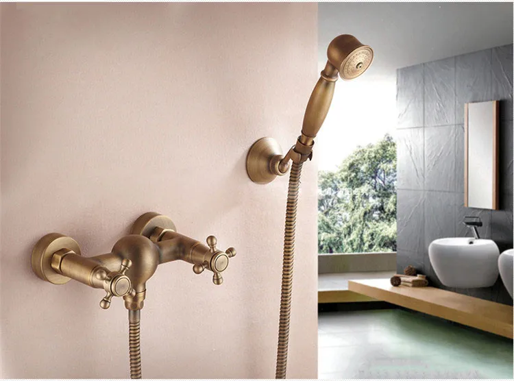 

Bathroom Vintage Shower Wall Surface Mount Brass Rainfall Bathtub Shower Faucet Set Antique Brass Witdshower + Tub Spout