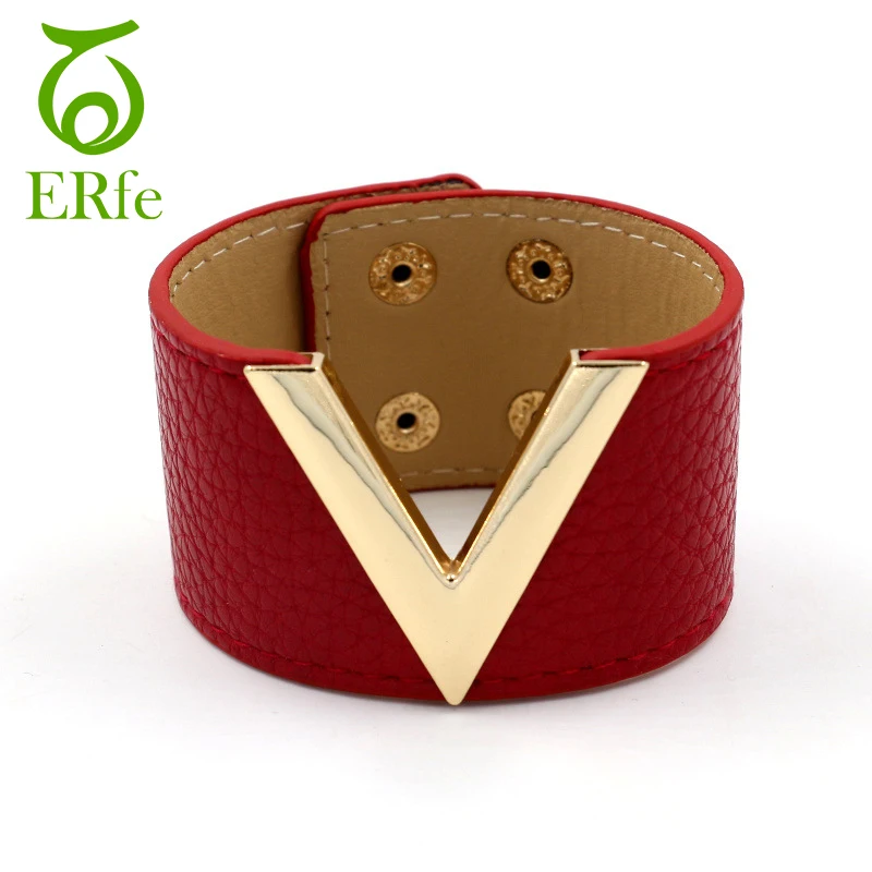 

ER Women Wide Red PU Leather Bracelet Femme Cuff Wristband Female Braslet Ladies Hand Accessories Pulseira Feminina Couro WB001