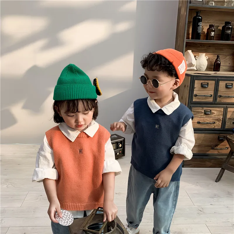 

2019 Autumn New Boys and Girls Solid Color with Letter Vest Sweaters Toddler Kids Sleeveless Cotton Fashion Casual Waistcoat