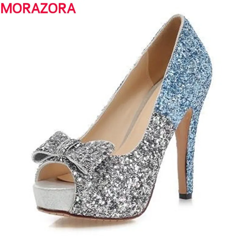 MORAZORA/Большие размеры 34-43; высококачественные женские туфли-лодочки; туфли с открытым носком; женские свадебные туфли на высоком каблуке; элегантные блестящие туфли для невесты
