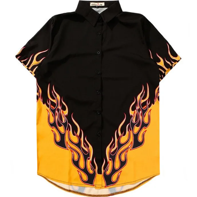 

Women Chiffon Blouse 2018 Summer Street Casual Style Fire Pattern Printed Short Sleeve Shirt for Girls Fashion Flame Top Black