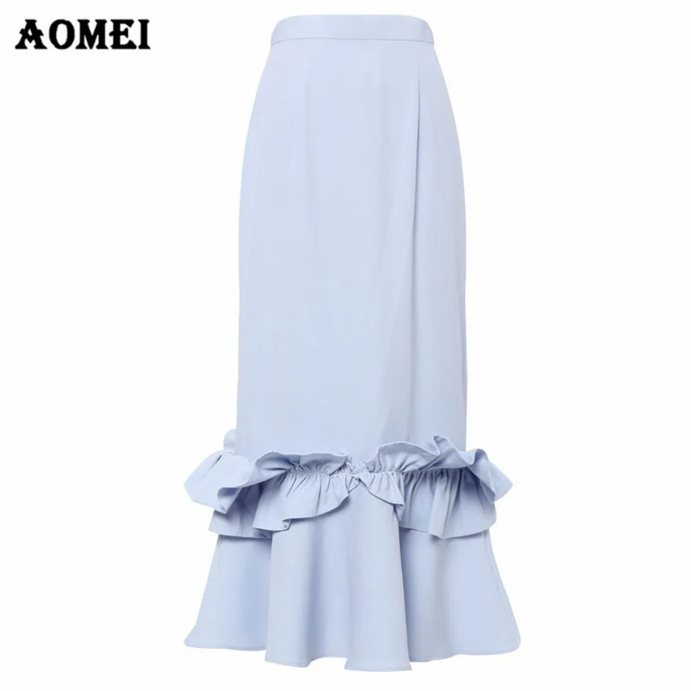 

Women Skirt Slim Elegant Ruffles Office Ladies Work Midi Jupes Female faldas Sweet Girl Blue Plus Size 4XL Saias Sheath Clothing