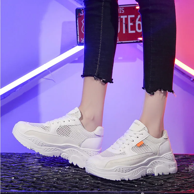 

RQFF Summer Shoe Laces White Basket Femme Sneakers Thick bottom Ventilation Loafers Women Casual Shoes 2019
