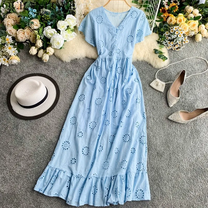 

OCEANLOVE Bohemian Solid A-line Summer Dress Women 2019 V Neck Retro Long Dresses Hollow Out High Waist Button Vestidos 12387