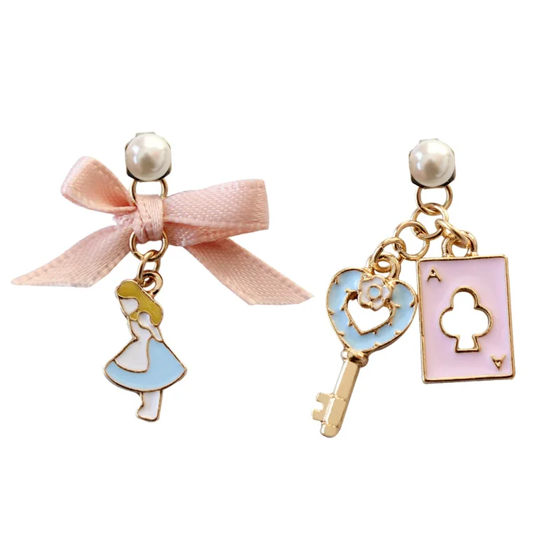 

Imitaion Pearl Pink Bowknot Earrings Bricnos Blue Dress Girl Poker Key Alice In Wonderland Drop Earrings For Women Lady Girls