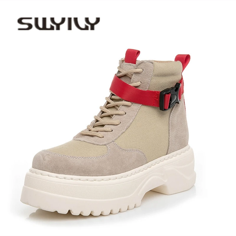 SWYIVY High Top Ladies Shoe Ankle Belt Women Sneakers Autumn Casual Shoes Woman Genuine Leather Platform Sneakers For Women - Цвет: Белый