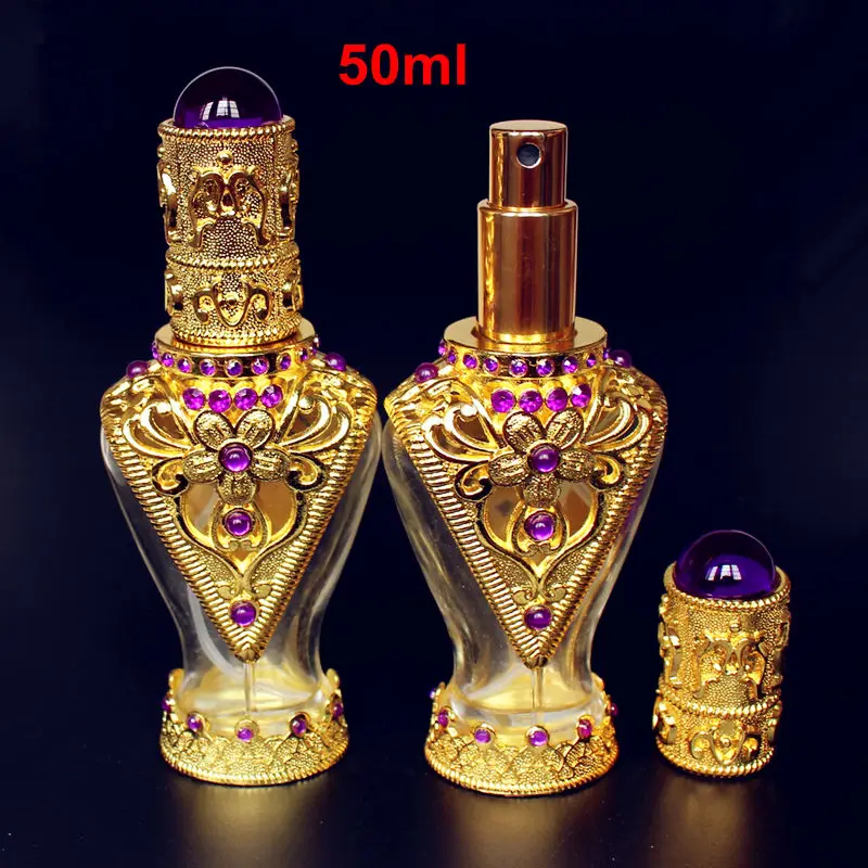 

50pcs/lot 50ml Big Perfume Bottle Arab Style Glass Spray Bottle Antiqued Retro Hollow Flower Alloy Bottle Wedding Craft Gift