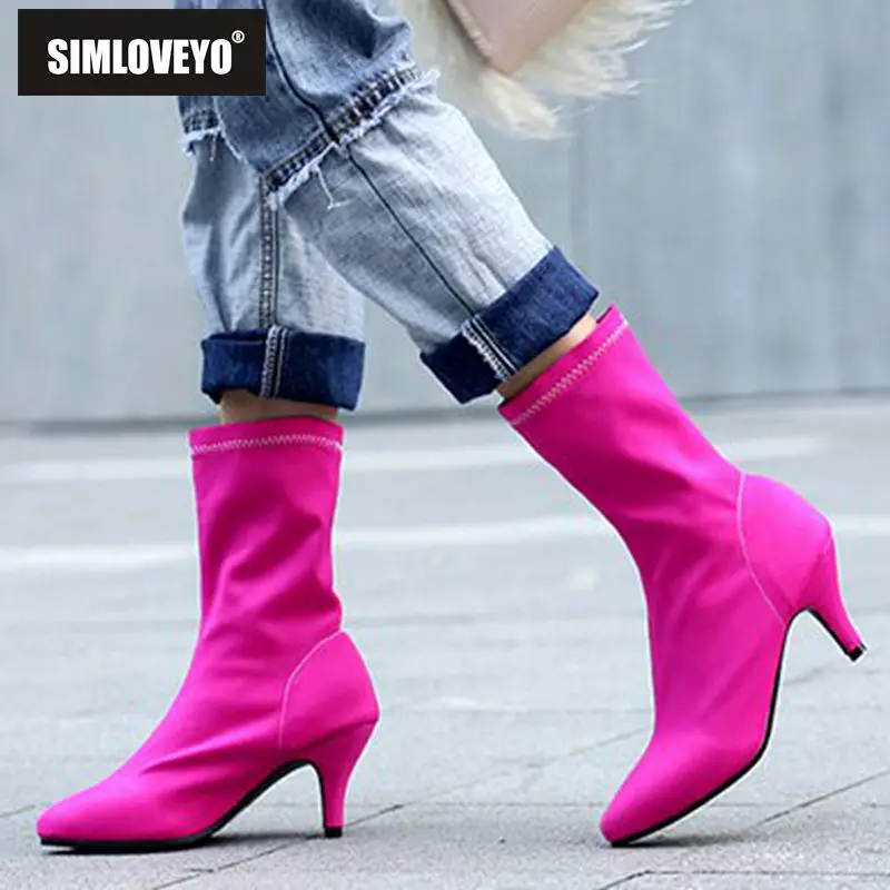 

SIMLOVEYO Ankle boots for women Slip on Pointed toe Med Spike heel Solid Stretch fabric Sock boots Rose Purple Big size 15 46