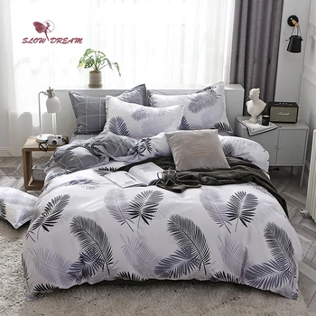 

SlowDream Nordic Style Home Bedding Leaves Pattern Duvet Cover Stripe Underwear Bed Flat Sheet Pillowcase Set Adult Bedclothes