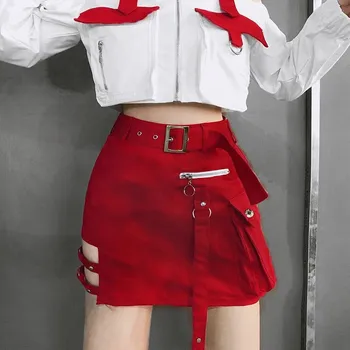 

2019 Fashion Women Hollow Out Skirts Female A-Line Belt Metal Buckle Mini Skirt High Waist Pockets Punk Skirts