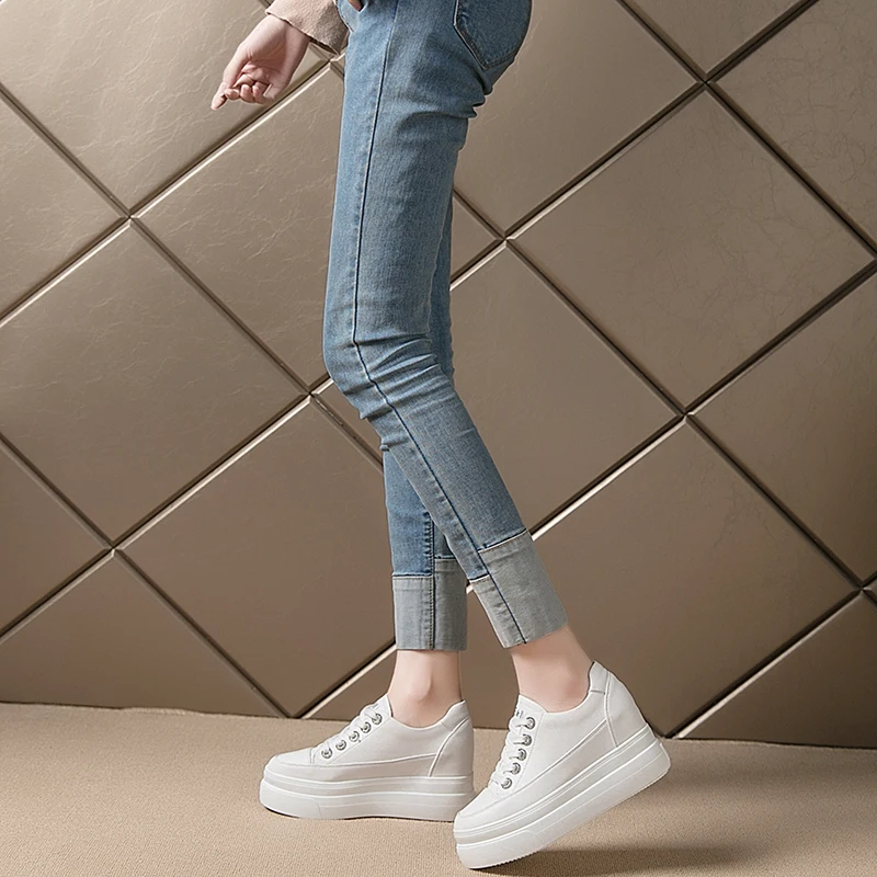 

EOEODOIT Women Platform Pumps Shoes High Wedges Heel Inner Height Increasing Leather Shoes Casual Autumn Elevator Rain Shoes 8cm