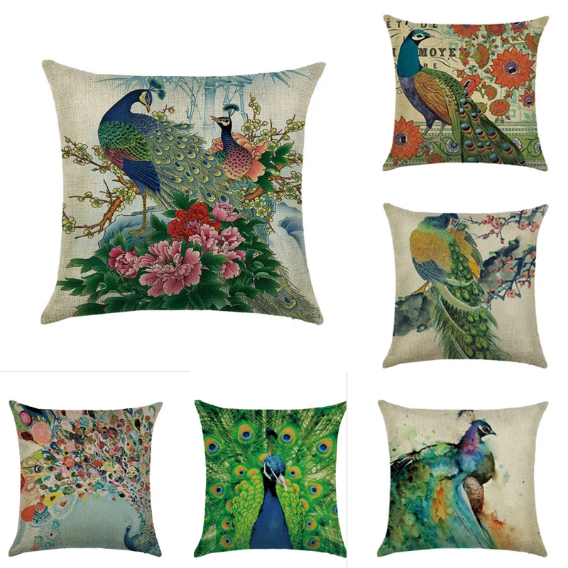 45cm*45cm Green peacock chart linen cotton pillow case sofa cushion cover animal design square decorative | Дом и сад
