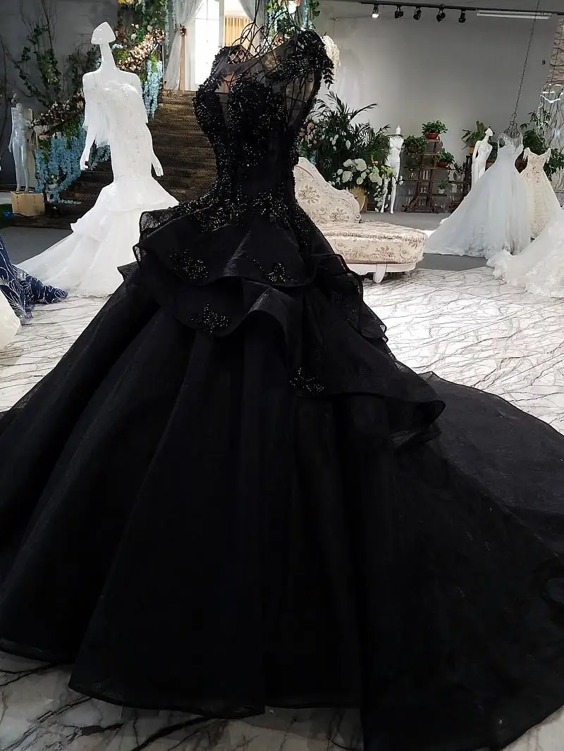 Luxury Beaded Black Wedding Dresses Long Train Cap Sleeves Princess Bridal  Gowns | eBay
