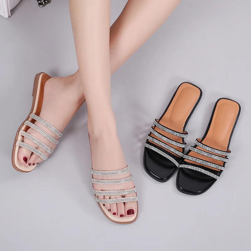 

Flat women slipper Square heel open toe Crystal Fashion Bling Slides Low Velvet platform summer woman slides peep rhinestone