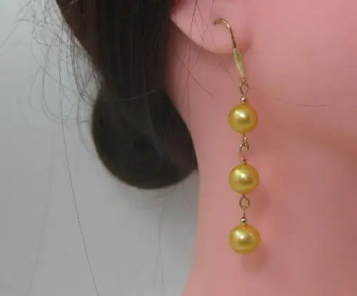 

Beautiful AAA 9x10MM SOUTH SEA Gold PEARL Dangle EARRING 14k/20/20 GOLD HOOK