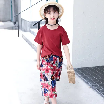 

Girl 2018 Summer New Pattern Pure Cotton Suit Short Sleeve Wide Leg Pantskirt Twinset Leisure