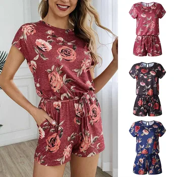 

Women Casual Floral Print O-Neck Short Jumpsuit Playsuit for Summer H9