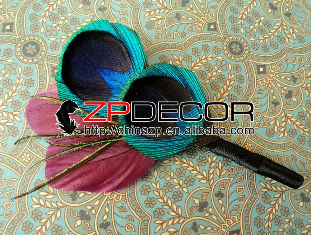 ANGEL Peacock and Purple Feather Boutonniere, Wedding