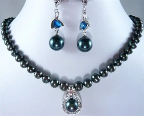 

Fashion 8mm Black Shell Pearl Necklace + 12mm Inlay Pendant Earrings Set 5.23 5.23